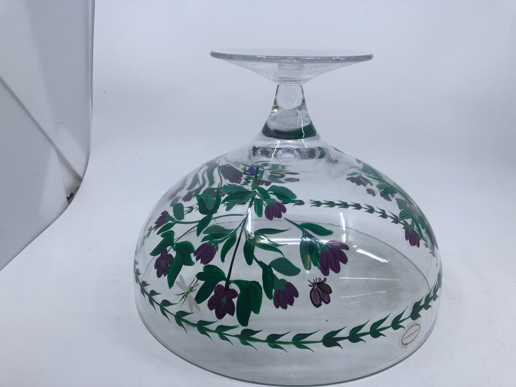 FOOTED SERVING BOWL W/ PAINTED PURPLE FLOWERS+DRAGONFLY.