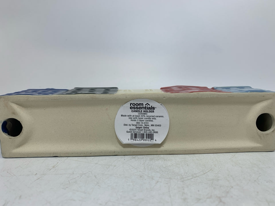 4 COLORED CERAMIC TOWN HOUSES TAPERED CANDLE HOLDER 3 SLOT.