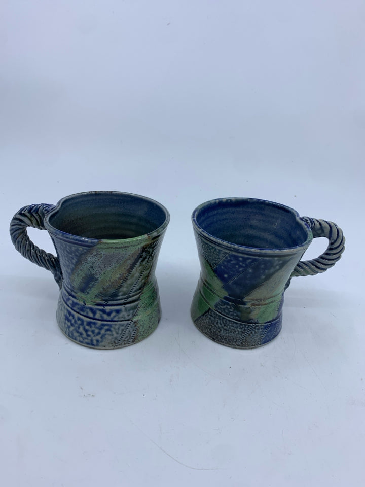 2 BLUE GREEN POTTERY MUG W BRAIDED HANDLE.
