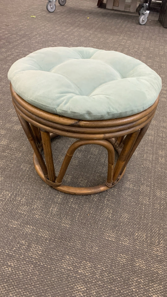 BOHO-STYLE WOODEN STOOL W/BLUE CUSHION.