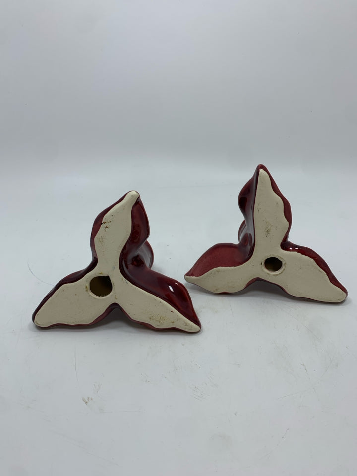 2 RED ROSE GLAZED CERAMIC CANDLE HOLDERS.