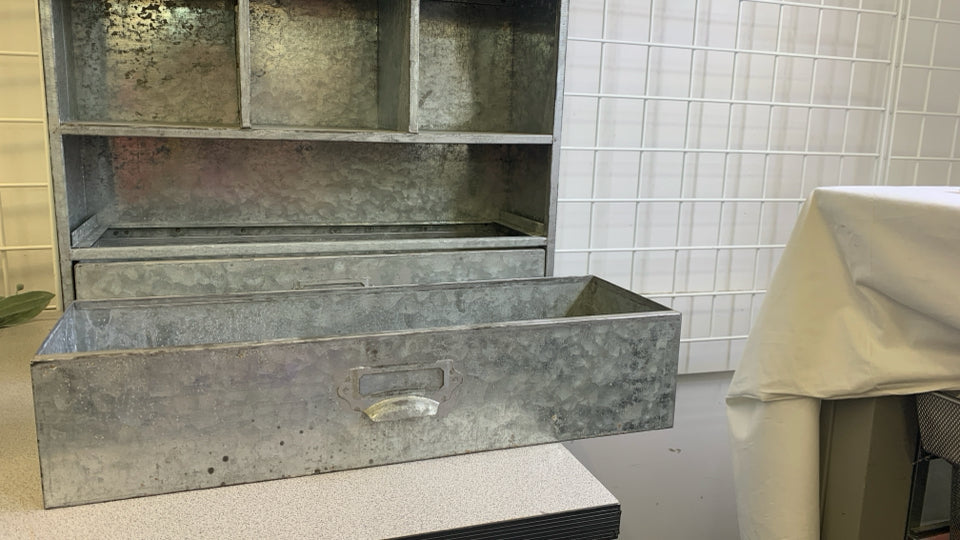 GALVANIZED METAL 9 CUBBY 2 DRAWER SHELF.