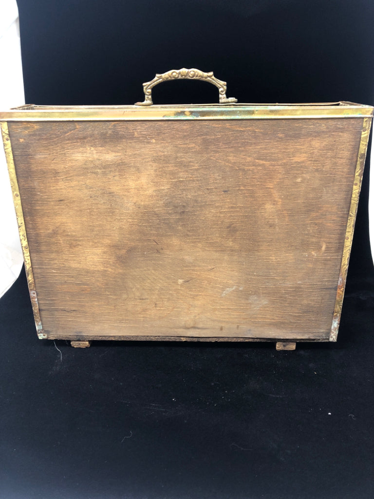 VTG BRASS MAGAZINE HOLDER W/EMBOSSED DESIGN FAMILY BAKING IN COTTAGE.