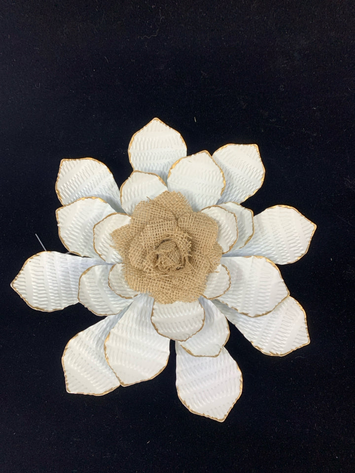 WHITE METAL FLOWER W/BURLAP CENTER.