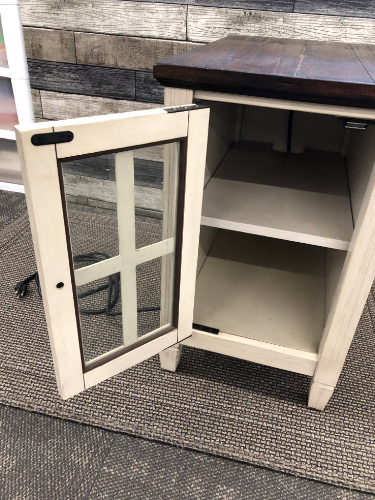 WOOD TOP GREY SIDE TABLE W/DOOR AND OUTLETS.