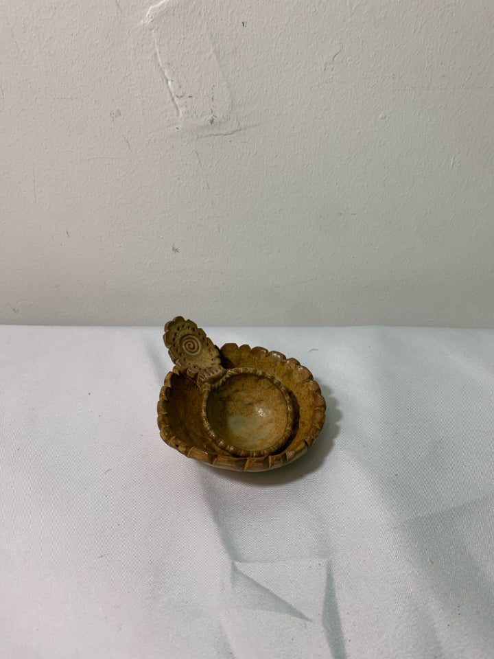 SMALL TAN POTTERY BOWL W SPOON.