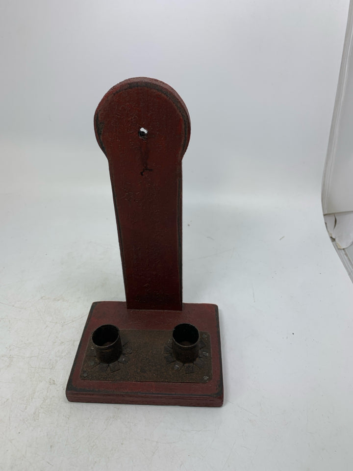 WOOD BASE DOUBLE TAPERED CANDLE HOLDERS.