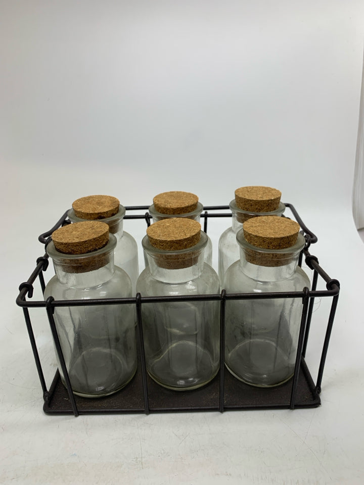 6 GLASS BOTTLE IN METAL CRATE W/ HANDLE.