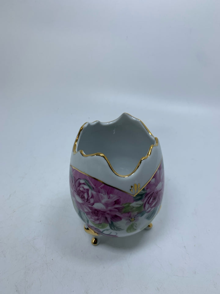 PINK FLORAL FOOTED EGG SHAPED VASE UNEVEN EDGE.