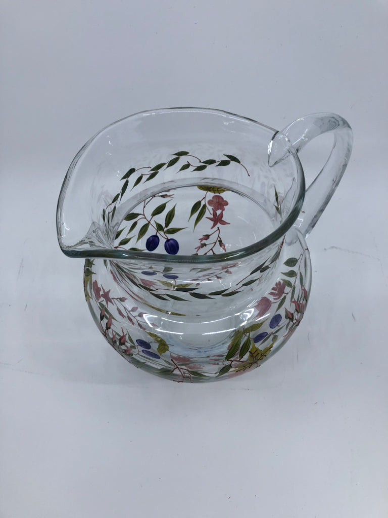 PINK FLOWERS GLASS PITCHER.