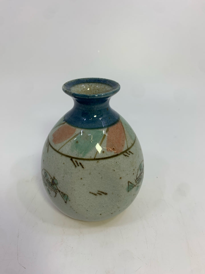 CERAMIC SAKE FLASK W/BLUE NECK.