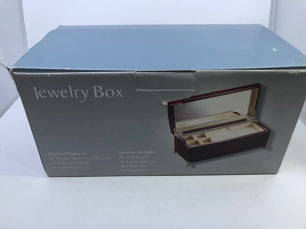 NIB DARK WOOD JEWELRY BOX W/TASSEL.