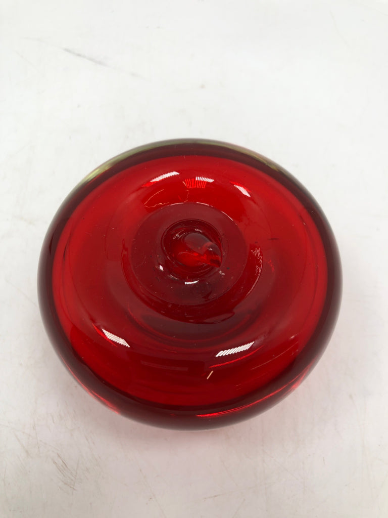 RED GLASS APPLE PAPER WEIGHT.