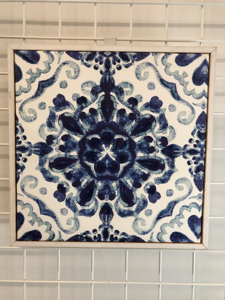 TEXTURED BLUE CANVAS IN WOOD FRAME.