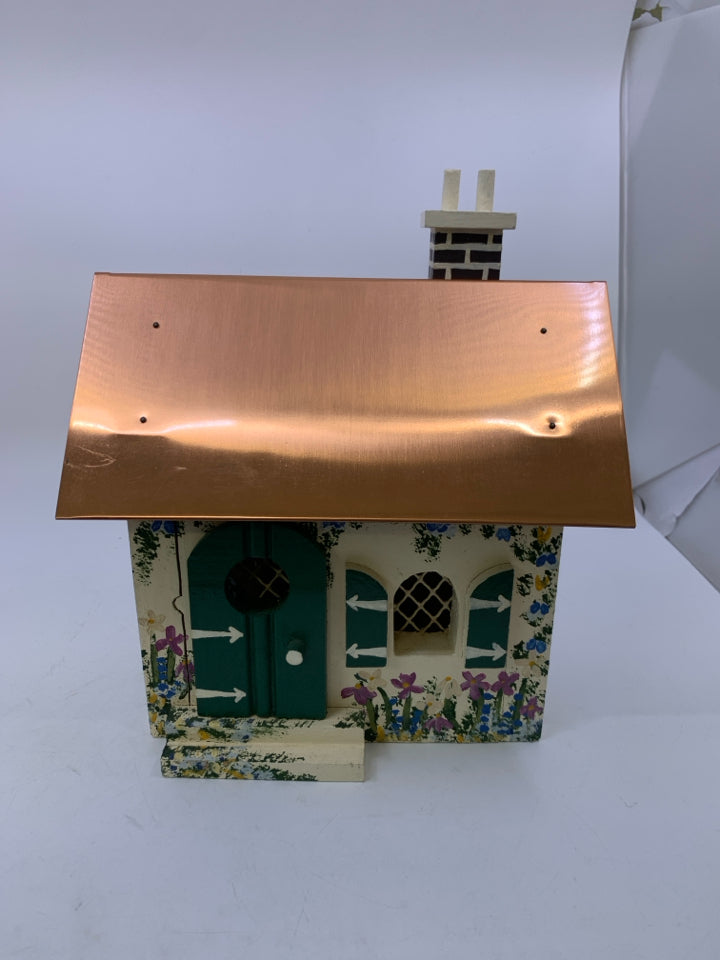 HANDMADE PAINTED DECORATIVE BIRD HOUSE W/ COPPER ROOF & MUSIC BOX BY KAREN PENNE