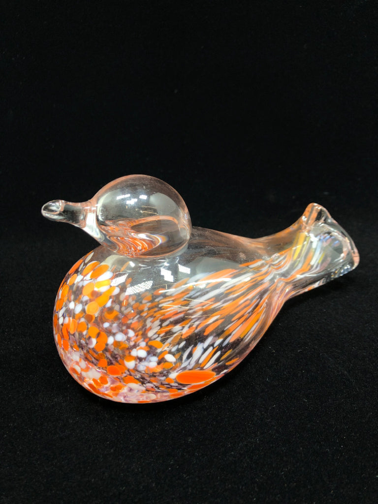 BLOWN CLEAR GLASS BIRD W/WHITE/ORANGE SPECKLES.