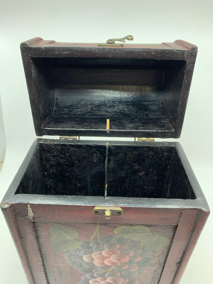 WOOD WINE BOX W/PAINTED GRAPES.