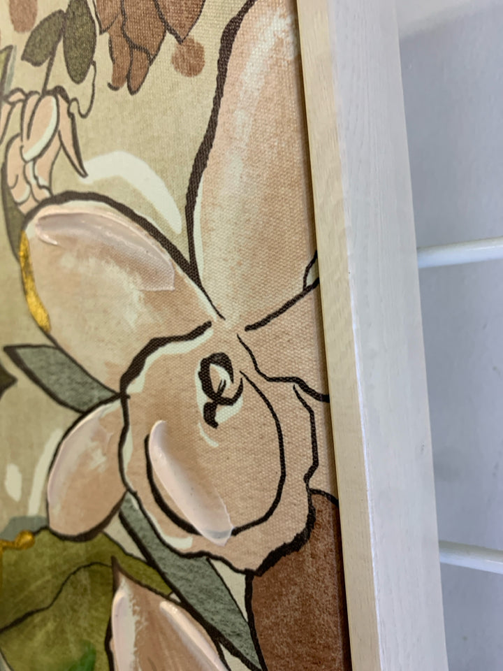 NEW PINK & GREEN FLORAL WALL ART W/ GOLD ACCENTS & PALE PINK BORDER.