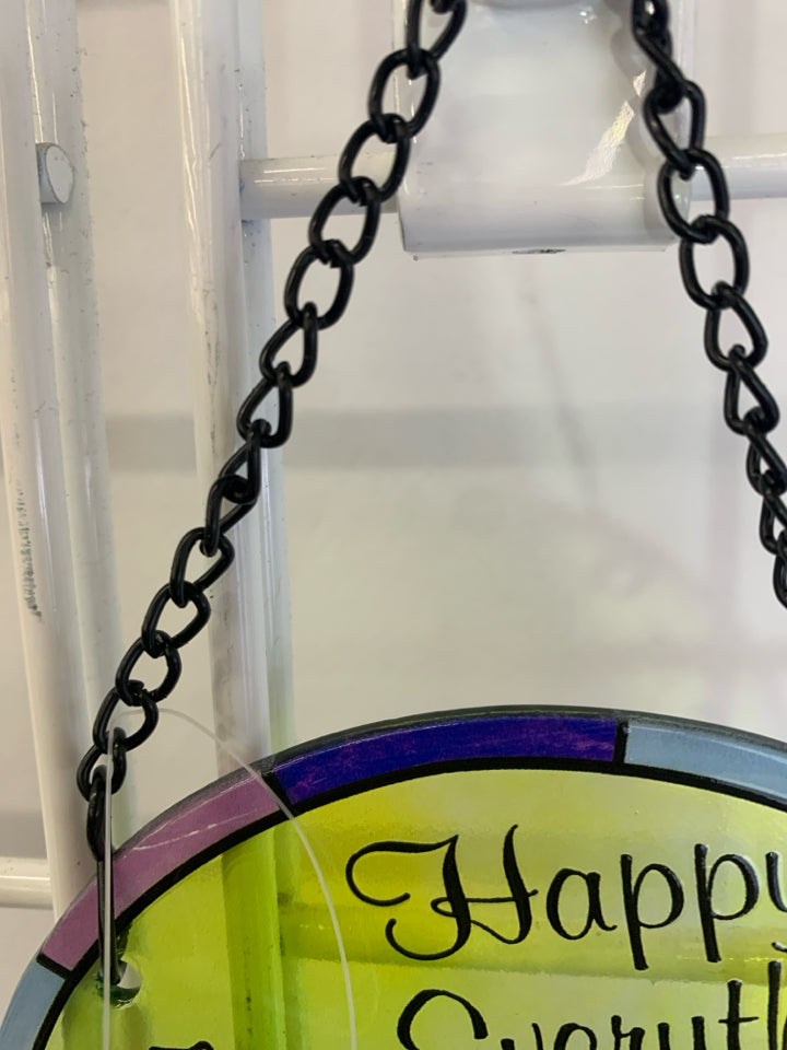 "HAPPY EVERYTHING" ROUND GLASS DRAGONFLY WINDOW DECOR.