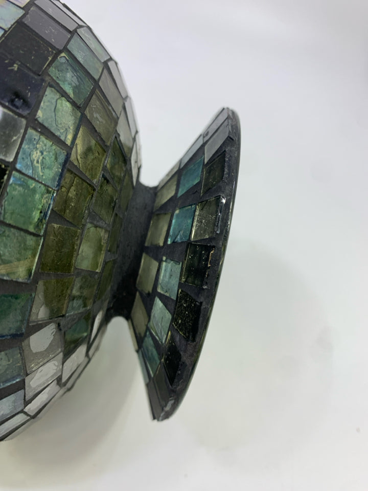 TEAL/BLACK MOSAIC FOOTED VASE/ CANDLE HOLDER.