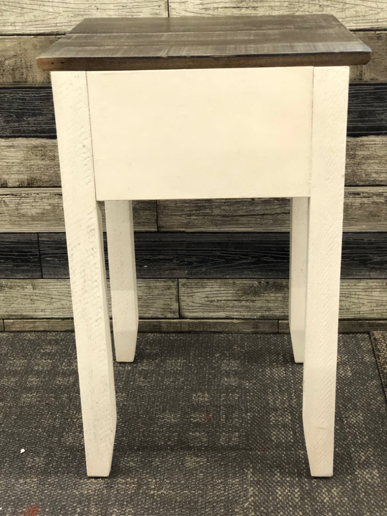 SMALL WHITE SIDE TABLE W 1 DRAWER AND DARK WOOD TOP.