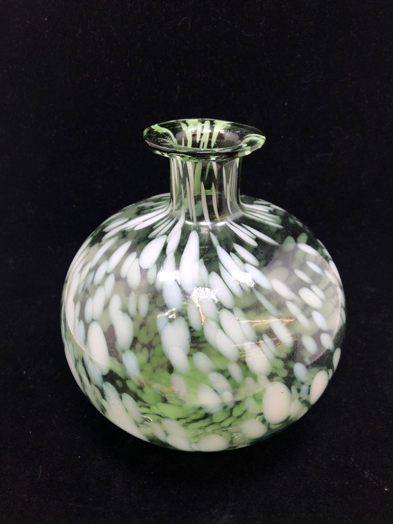 GREEN GLASS WHITE SPECKLED VASE.