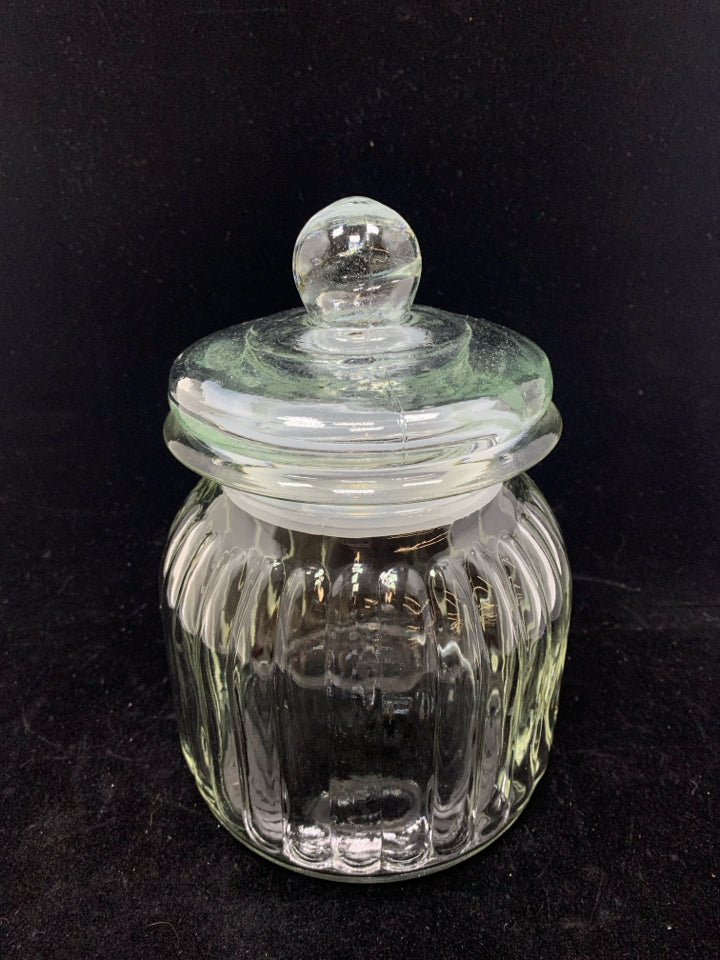 RIBBED GLASS JAR W/LID.