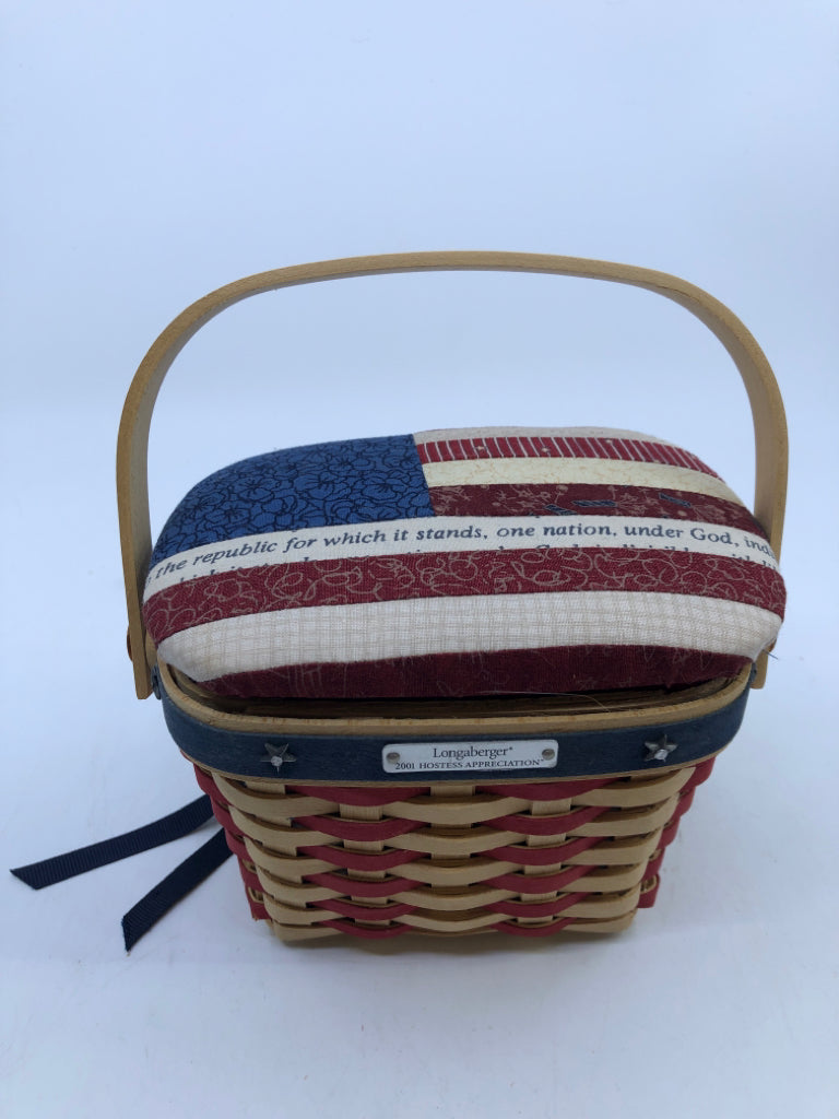 2001 HOSTESS APPRECIATION ROUNDED RECTANGLE W/HANDLE BASKET RED & BLUE WEAVE SIL