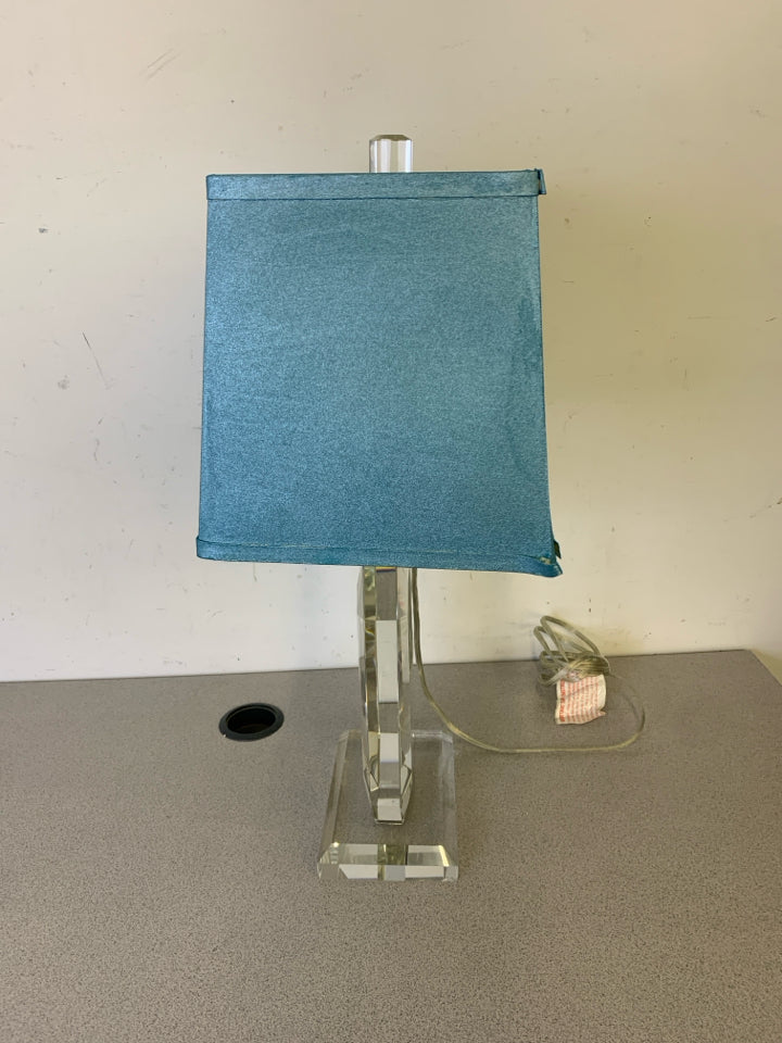 LARGE CRYSTAL LAMP W SQUARE BLUE SHADE.