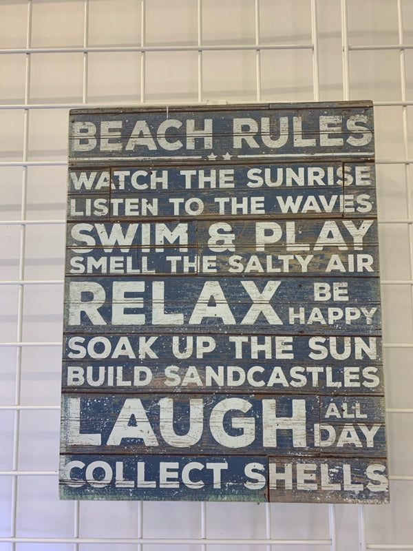 DISTRESSED BLUE "BEACH RULES" WOOD WALL HANGING.