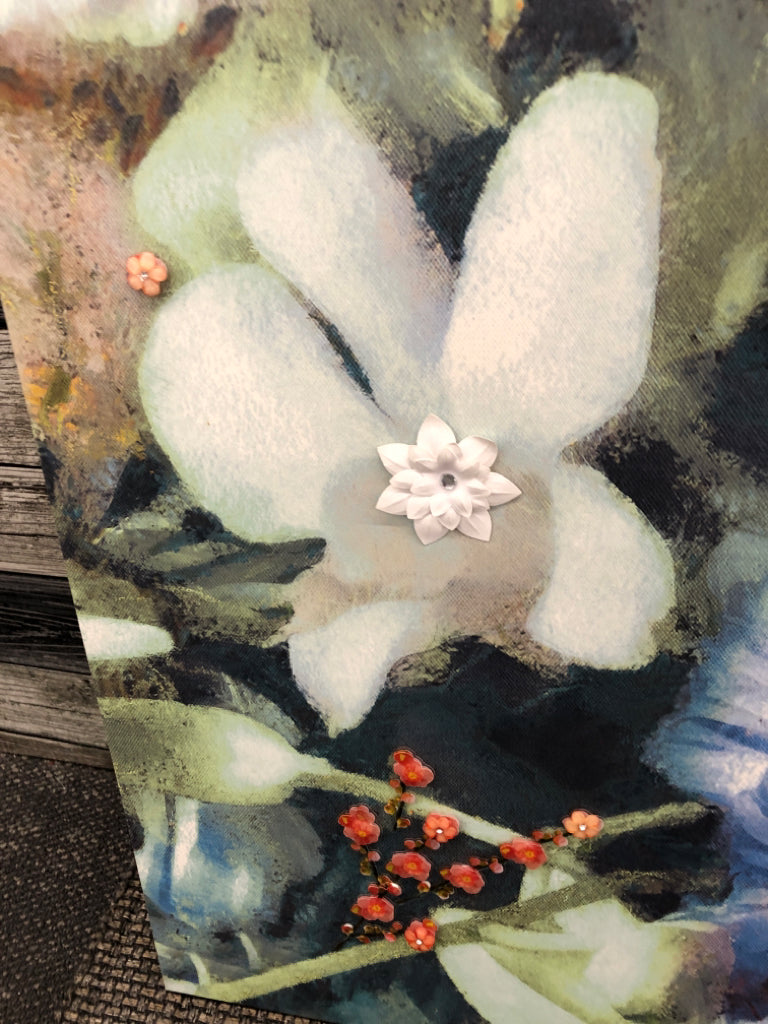 FLORAL CANVAS W/BLUE FLOWERS AND RED ACCENTS.