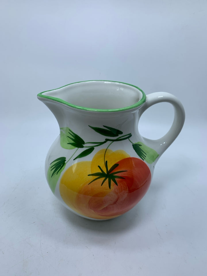 PITCHER W/ LARGE PAINTED TOMATO GREEN EDGE.