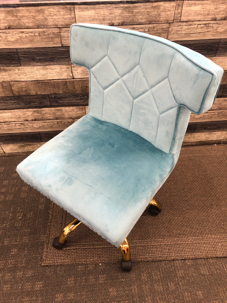 TEAL BLUE VELOUR OFFICE SWIVEL CHAIR W/ GOLD STUDS/LEGS.