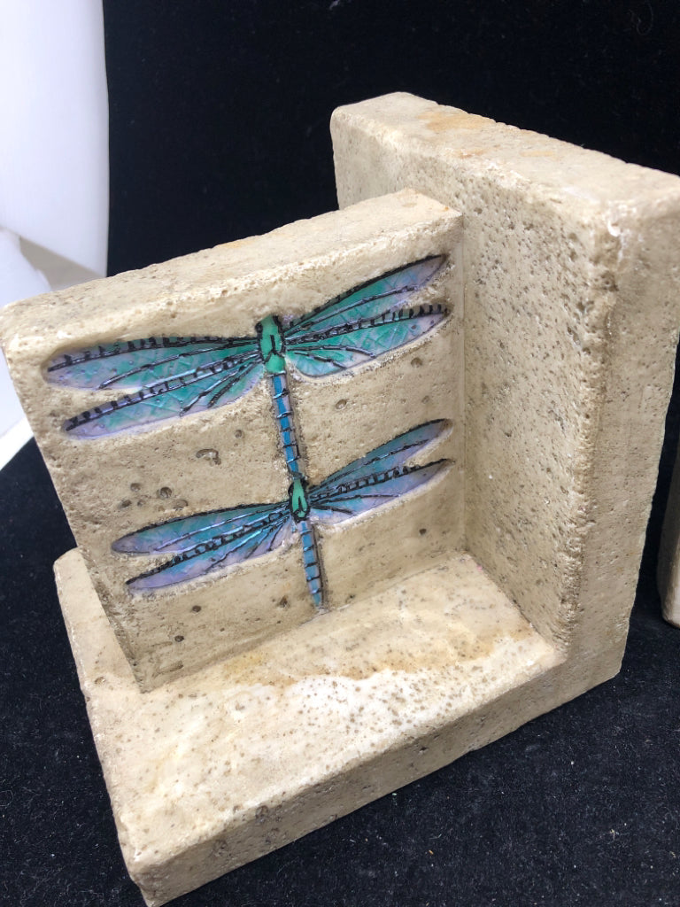 2 HEAVY FAUX STONE CARVED DRAGONFLY BOOKENDS.