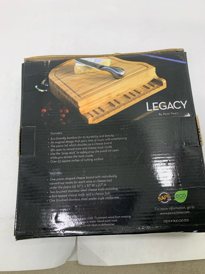 NIB PIANO CHEESE BOARD & KNIFE SET BAMBOO LEGACY BY PICNIC TIME.