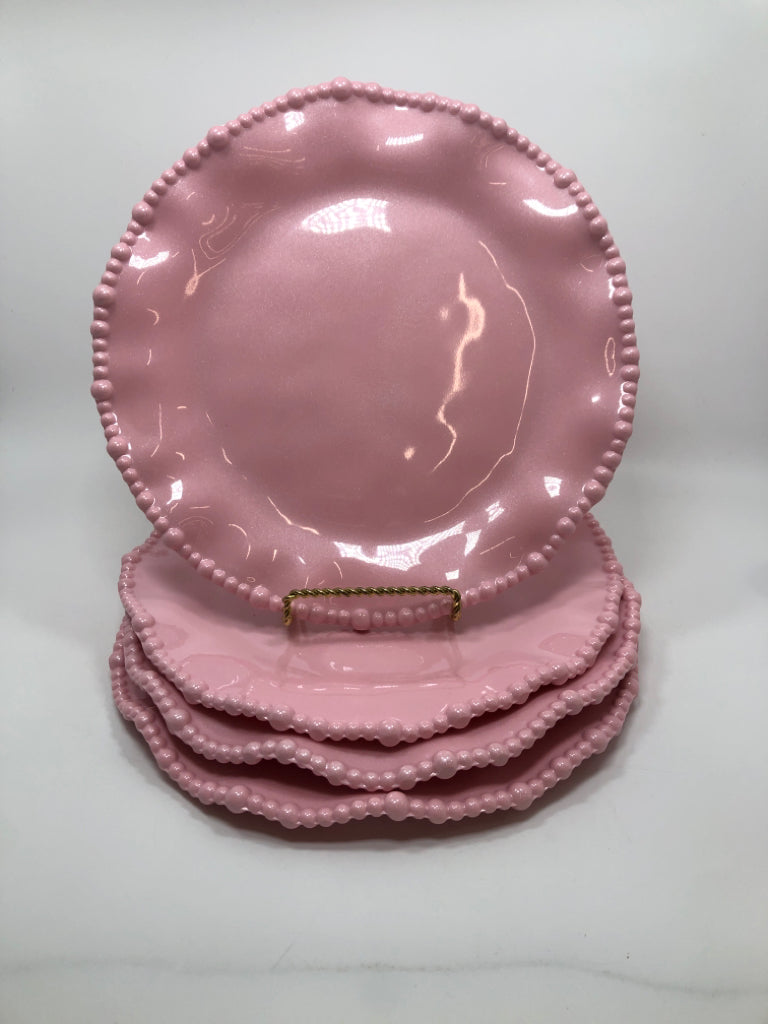 4 PINK MELAMINE PLATES W/BEADED EDGE.