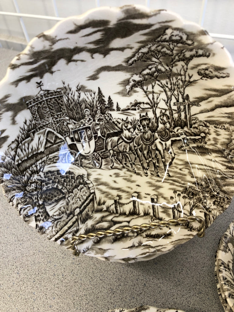 26 PC VTG BROWN VILLAGE PATTERN DINNER SET- CREAMER AND SUGAR, ROUND SERVER W LI