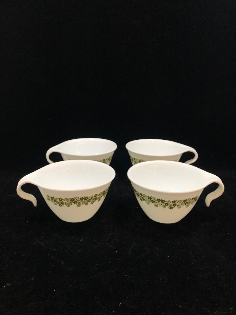 4 CORELLE GREEN FLOWER COFFEE MUGS.