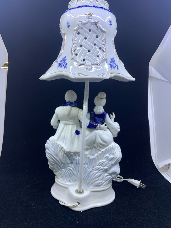 VTG PORCELAIN BLUE AND WHITE MAN AND WOMAN LAMP.