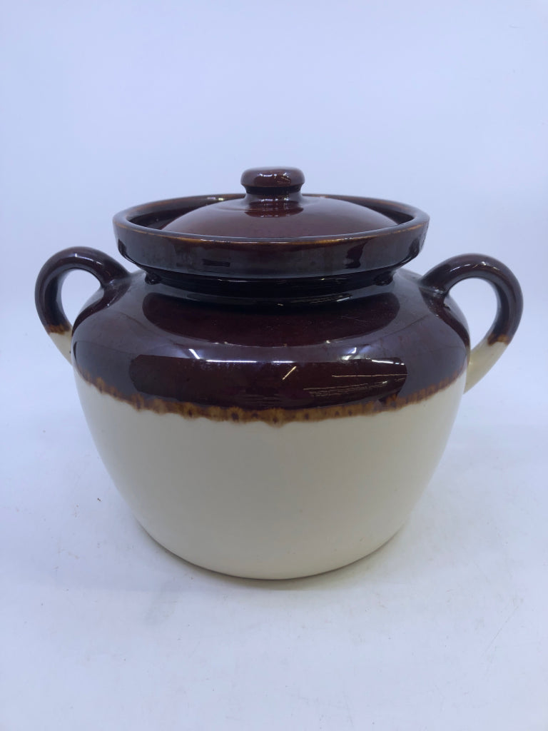 2-TONED COVERED BEAN POT W/HANDLES- BROWN & CREAM.