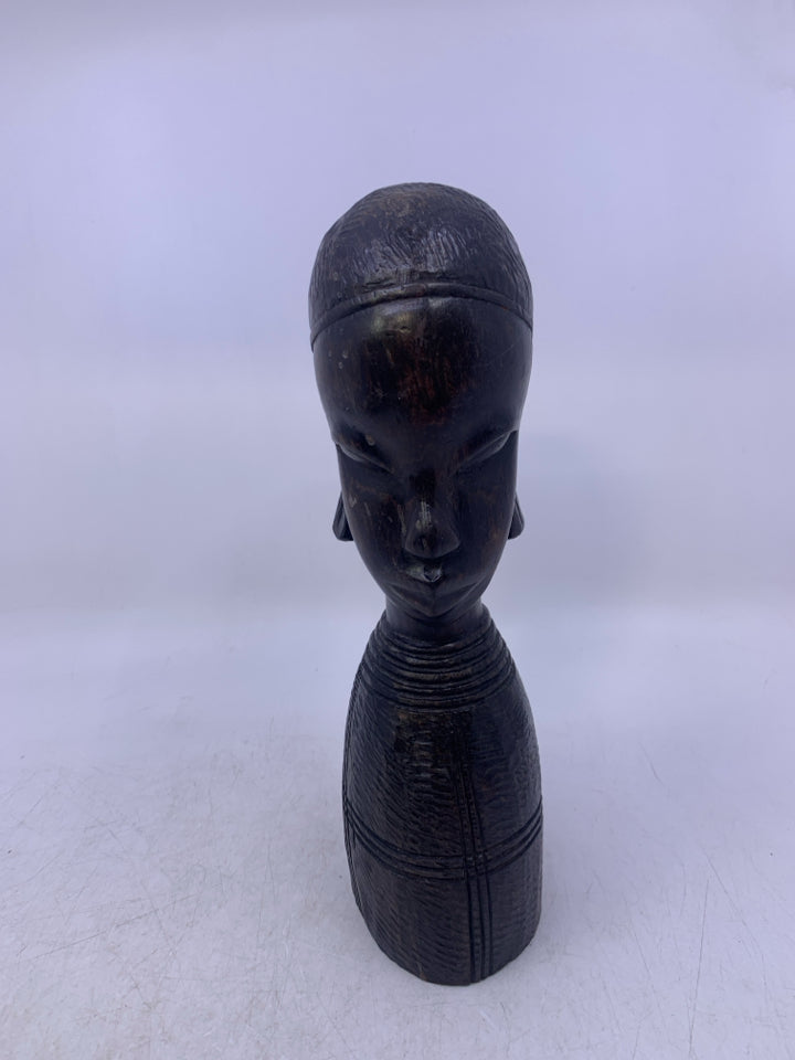 HEAVY BLACK CARVED WOOD HEAD/BUST FOLK ART.