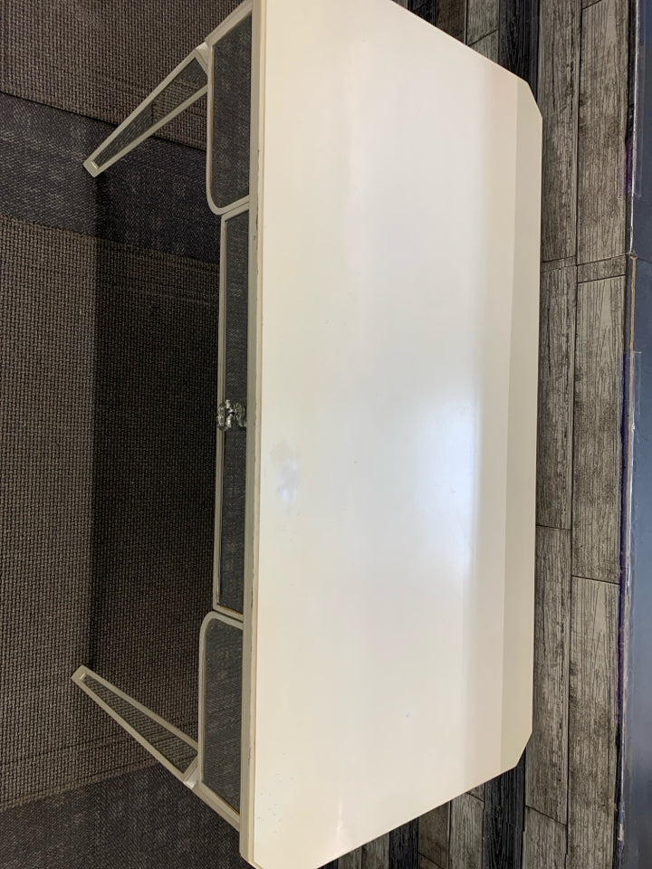 CREAM DISTRESSED PIER 1 DESK W/MIRRORED LEGS & DRAWER.