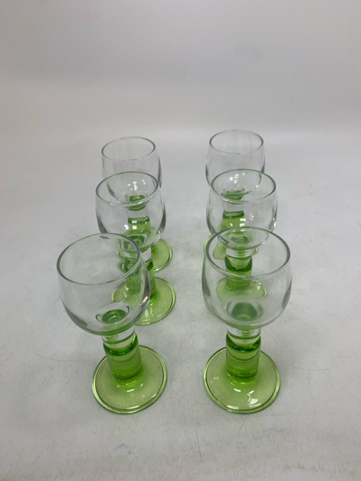 6 LIME GREEN STEM CORDIAL GLASSES.