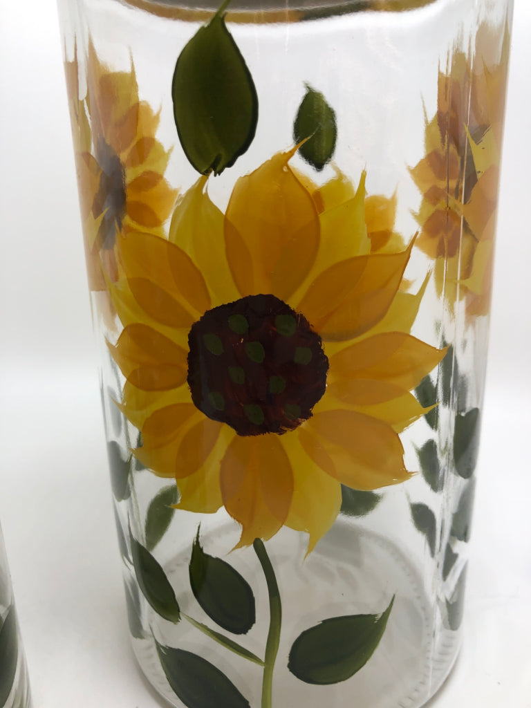 3PC SUNFLOWER PAINTED GLASS CANISTERS.