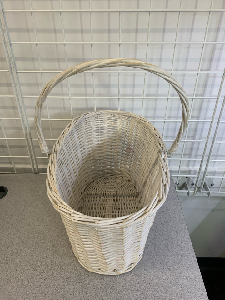 TALL WHITE WICKER BASKET W/HANDLE.