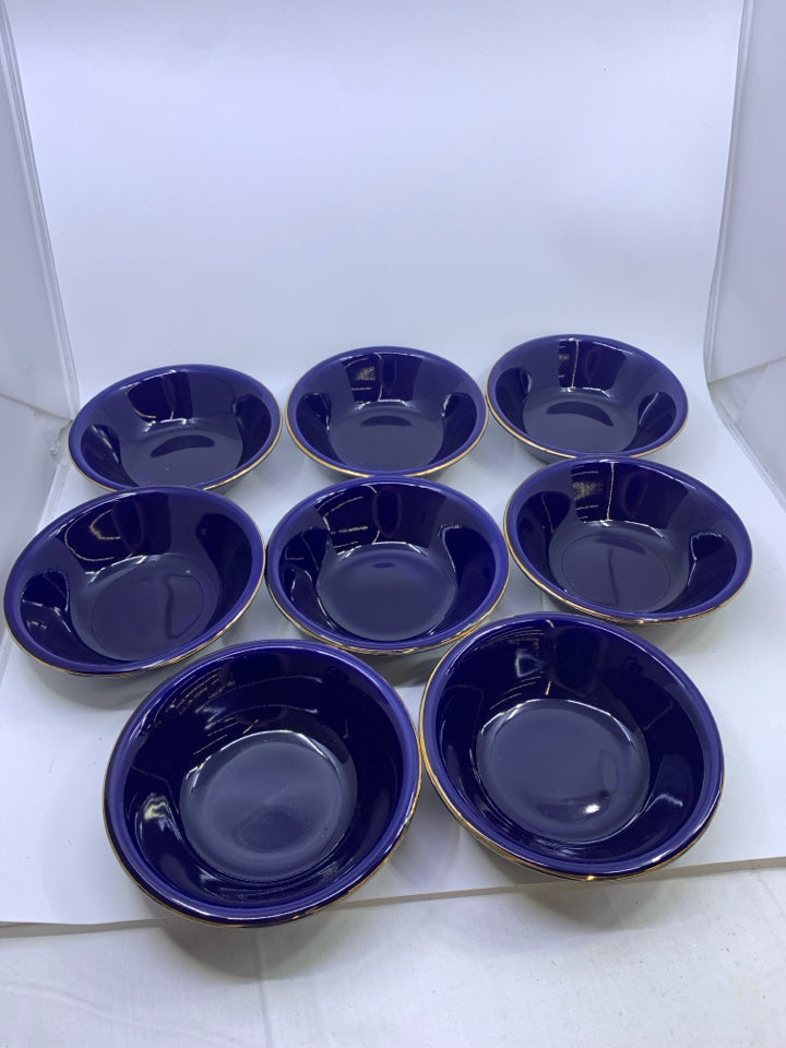 8 BLUE W GOLD RIM BOWLS.