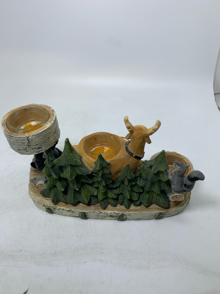 3 SLOT MOUNTAIN CABIN ANIMALS RESIN TEALIGHT HOLDER.