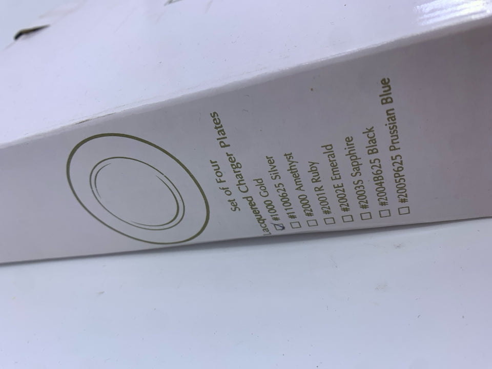 4 NIB GOLDEN SERVING CHARGERS.