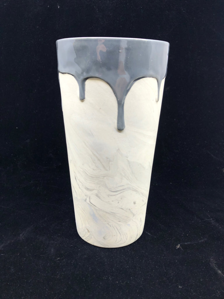 SKINNY WHITE MARBLE W GREY DRIP VASE.