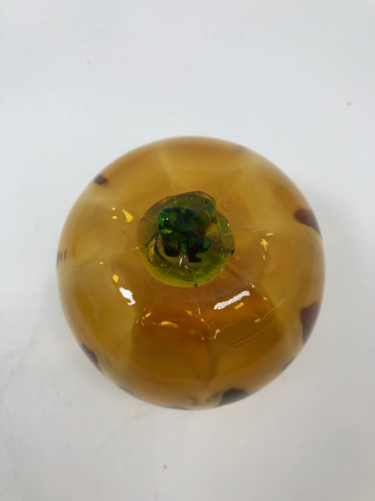 GLASS BLOWN PUMPKIN W/GREEN STEM.